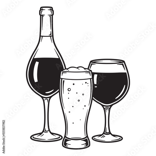 Vector illustration of alcoholic beverages including wine bottle beer glass and wine glass