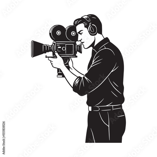Vintage cameraman capturing footage with retro film camera for movie production
