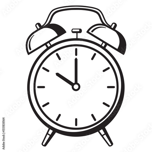 Vintage alarm clock illustration in black and white showing ten oclock time