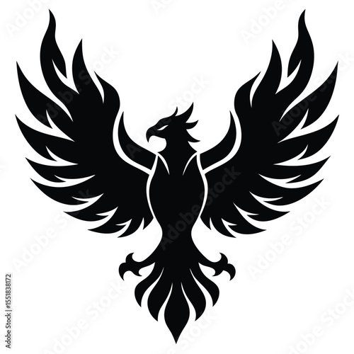 A stylized black phoenix with wings spread on a white background silhouette