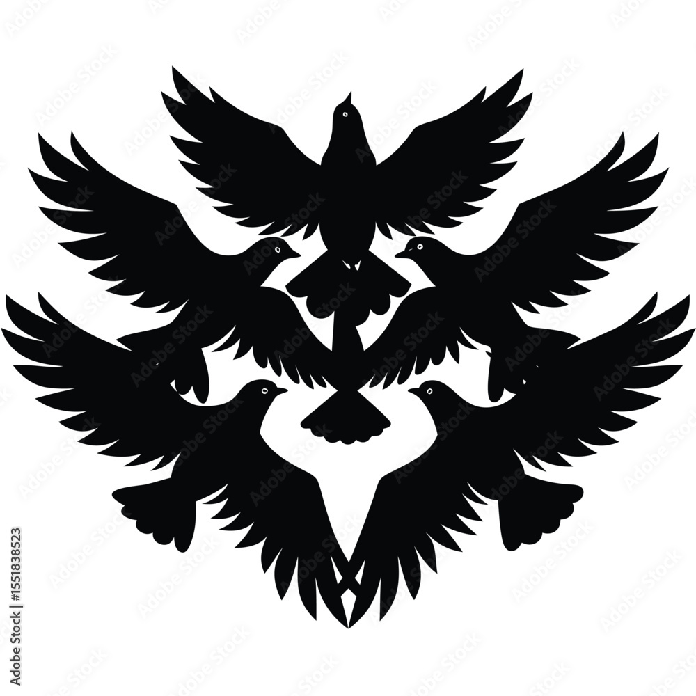 Obraz premium Seven black birds arranged in a circular symmetrical design silhouette