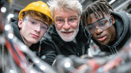 A seasoned engineer guides inexperienced trainees within a manufacturing facility