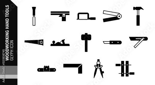 chisel, combination square, coping saw, folding ruler, hammer, hand saw, jack plane, mallet, marking knife, sliding bevel square, try square, wing divider, wood clamps black glyph black icon set