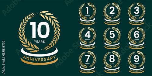 Set of vector icon or logo designs for 1st to 10th anniversary with laurel wreath, in gold color for celebrations, weddings and birthdays