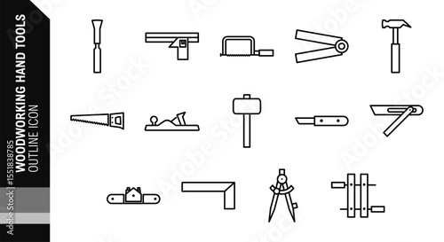chisel, combination square, coping saw, folding ruler, hammer, hand saw, jack plane, mallet, marking knife, sliding bevel square, try square, wing divider, wood clamps black outline icon set