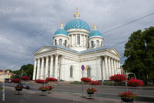 View of the Cathedral of the Holy Life-Giving Trinity of the Guards Izmailovsky Regiment on a cloudy August day, Saint Petersburg