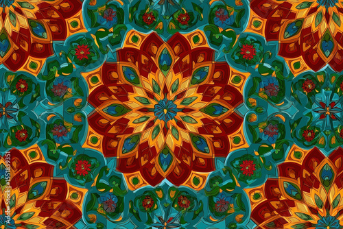 A seamless pattern with colorful Islamic geometric shapes, their forms intertwined in an intricate dance of beauty and complexity