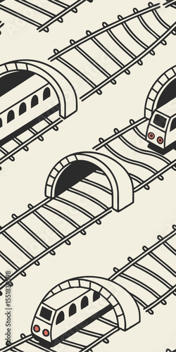 Vector train track and tunnel icon layout, travel and transportation background