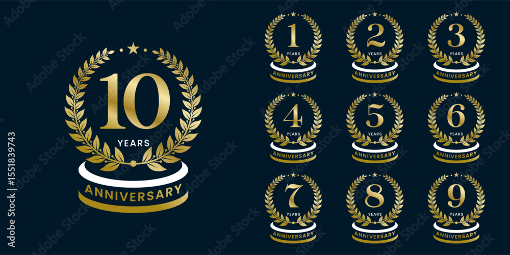 Naklejka premium Set of vector icon or logo designs for 1st to 10th anniversary with laurel wreath, in gold color for celebrations, weddings and birthdays