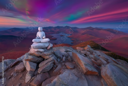 A man in meditation sits before a tranquil scene of mountains and lake at dawn, embodying peaceful harmony