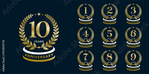 Set of vector icon or logo designs for 1st to 10th anniversary with laurel wreath, in gold color for celebrations, weddings and birthdays