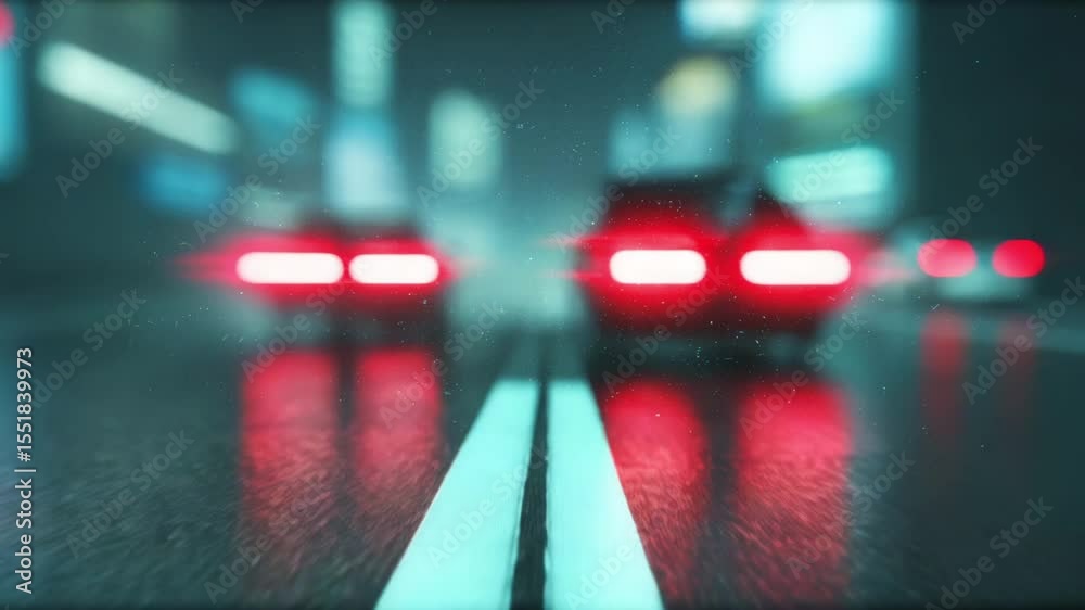 Red car taillight reflections glowing wet road night with blurred city lights creating moody