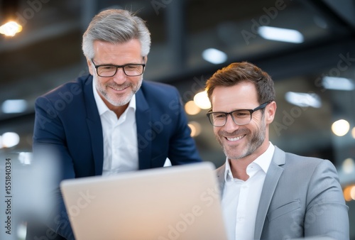 In a creative startup setting, a happy team and businessmen work together on laptops for training purposes, including advice, review, and feedback, as well as internship and mentor coaching on