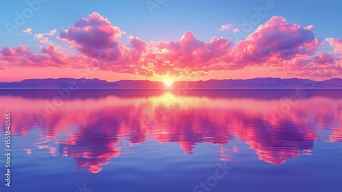 A beautiful sunset over a calm body of water with pink