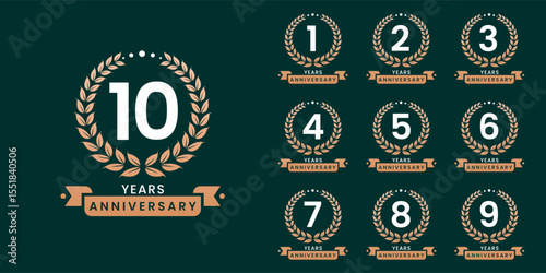 Set of vector icon or logo designs for 1st to 10th anniversary with laurel wreath, in gold color for celebrations, weddings and birthdays
