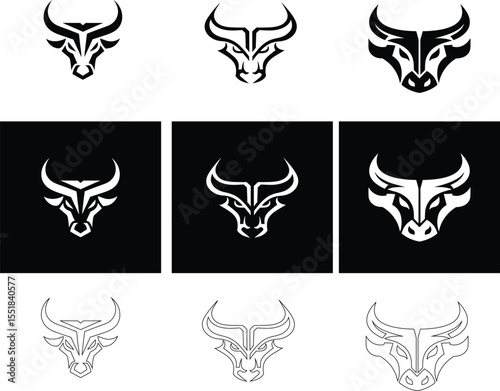 Bull head vector in flat outline and button style emblem, modern minimal icon for strength and determination themes.