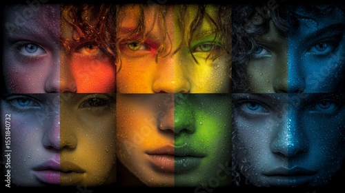 The faces of individuals from diverse cultures are separated by a line, featuring lively colors that underscore social and cultural disparities, stock