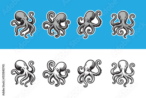 collection of octopus vector illustrations. Suitable for logos, outdoor designs, stickers and t-shirt designs.