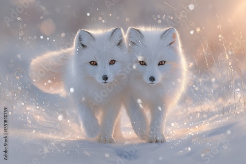 Surrounded by softly falling snowflakes, two beautiful white foxes are seen walking together in a serene and peaceful winter landscape