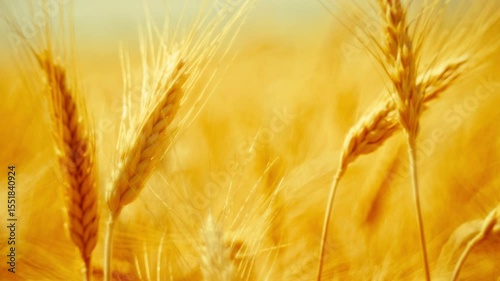 Golden wheat ears blowing in the wind on a sunny day. Natural light, shallow depth of field. Suitable for agricultural, nature, and seasonal projects.