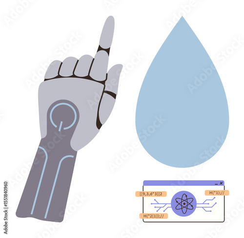 Robotic hand with glowing circuits gestures upward near a blue droplet and an illustrated data card. Ideal for technology, innovation, science, research, AI, automation, simple flat metaphor