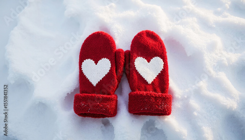 Knitted pair of winter mittens with white heart patterns on the surface of freshly fallen snow, top-down view in natural daylight.