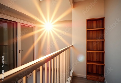 Midday sun blazes on sleek balcony railing and warm wood shelves   view  home