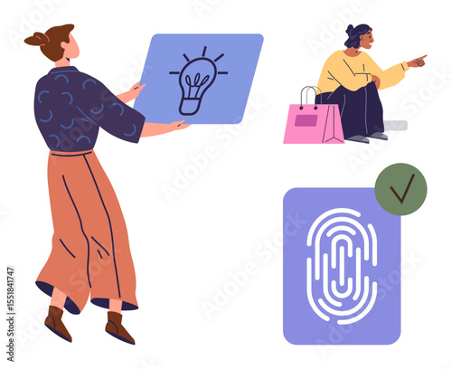 Woman holding a light bulb card, a pointing shopper with bags, and a verified fingerprint icon. Ideal for creativity, shopping, decision-making, innovation, identification security teamwork. A