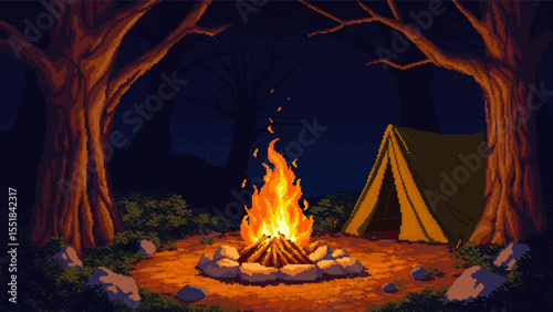 Pixel art forest campfire scene with leafless trees and a glowing flame in the center. A tent stands nearby, surrounded by darkness and branches. Stylized night landscape in a retro game aesthetic.