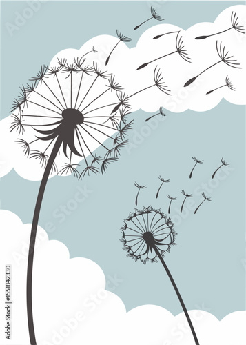 Digital vector artwork showing dandelion seeds floating in the air under bright sunlight