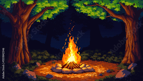 Pixel art scene of a night forest with a bright campfire. Stylized outdoor illustration with trees and glowing fire in the dark.
