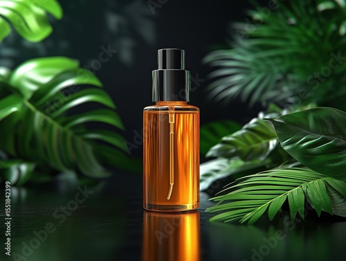 A bottle of perfume is sitting on a table next to some green leaves. The bottle is made of clear glass and has a gold cap