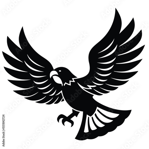 A black and white graphic of an eagle with spread wings down silhouette