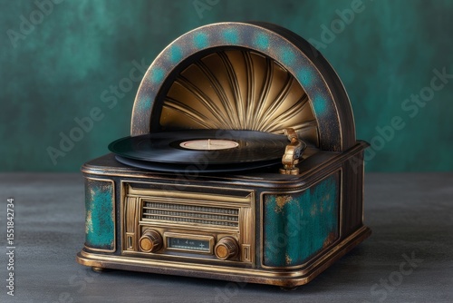 The combination of a vintage turntable and vinyl record, set against a teal background on a white surface, brings together nostalgia for analog music and a modern minimalist aesthetic