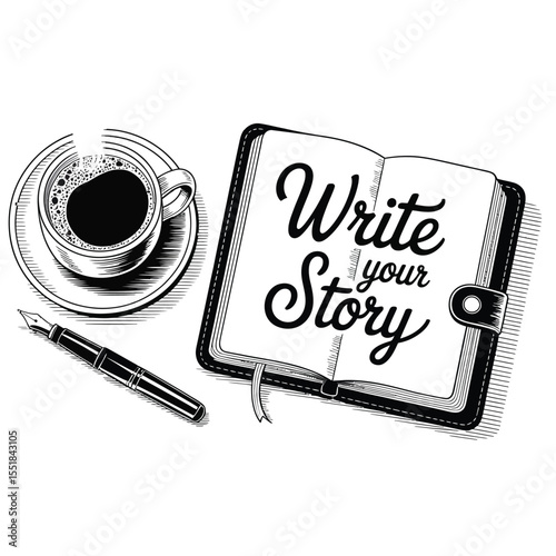 Black and white vector illustration of a cozy top-down scene with steaming coffee and a fountain pen for creativity