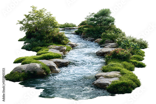 Serene stream flowing through lush greenery.