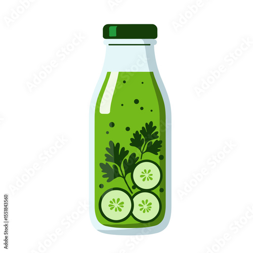 Detox green juice in a bottle with cucumber and parsley