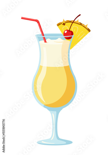 Pina Colada cocktail in a tall hurricane glass with a pineapple wedge and cherry
