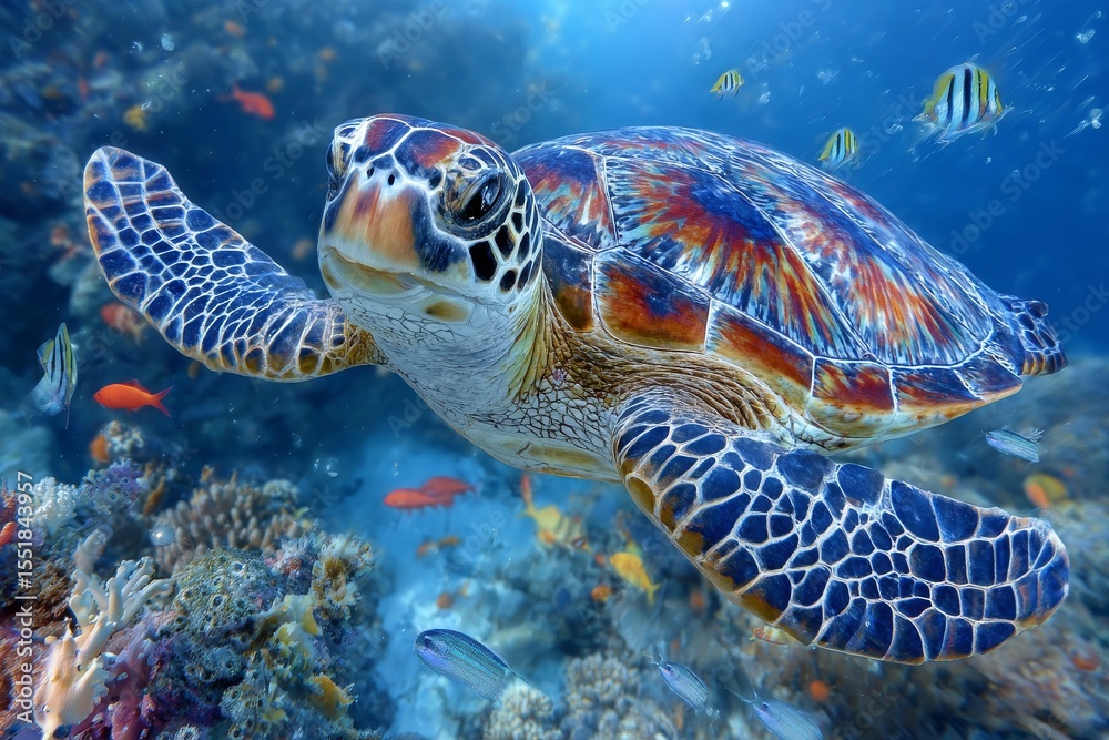 Fototapeta premium Elegant Sea Turtle Gliding Through Brilliant Ocean with Vivid Coral : Stock
