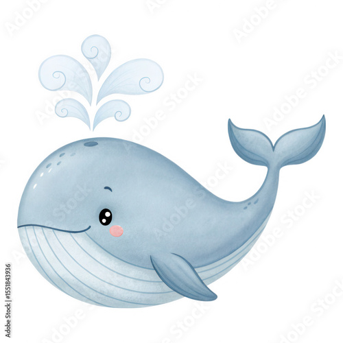 Cute Cartoon Blue Whale with Water Spouts and Happy Expression for Children Illustrations