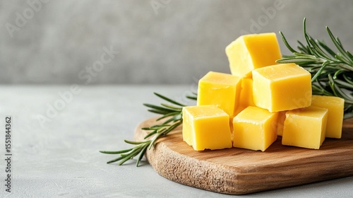 Tasty yellow cheese cubes on a wooden board with rosemary over a grey background, with copy space, banner for cooking and food design concepts