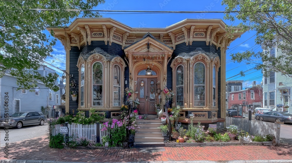 Fototapeta premium The quaint, tree-shaded streets of a classic Massachusetts coastal town neighborhood are lined with charming colonial-style homes that feature wooden clapboard siding and picket fences