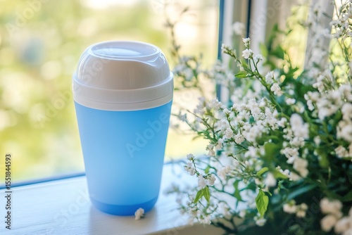 Close-up of a blue and white travel mug with a lid on a window sill, with flowers in the background, feminine, sunny light colors, soft atmosphere