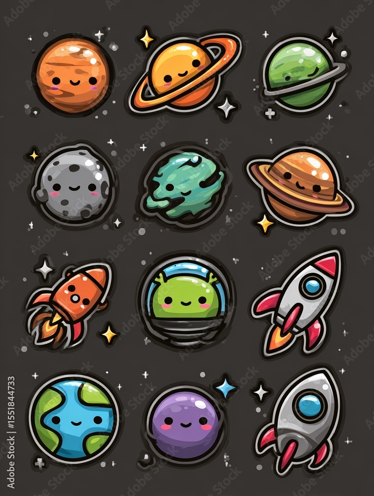 Fototapeta premium A cosmic icon featuring a space object, including an alien planet, UFO spaceship, astronaut rocket, and missile, set against a dark background as part of a fantasy space illustration