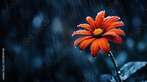 vibrant orange flower blooming under the rain, symbolizing beauty and resilience, hope and resilience in dark times, positivity atmosphere, copy space