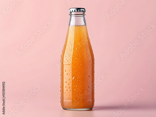 Glass bottle filled with orange liquid and water droplets photo