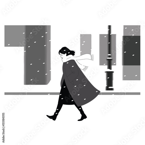 Black and white vector illustration of a solitary woman walking through gentle snowfall on a city street with a glowing lamppost at night
