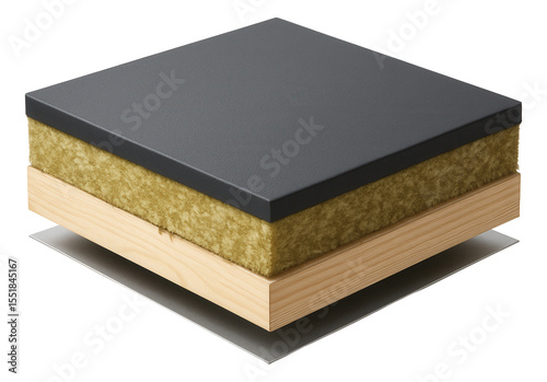 Flat roof with an acoustic insulation layer to reduce noise for a quiet home environment in a busy urban area.