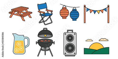 Outdoor grad party clipart isometric set. picnic table, banner across yard, lawn chair, paper lanterns, lemonade pitcher, barbecue grill, speaker icon
