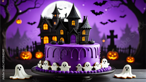 ハロウィンクッキーを飾った紫色のハロウィンケーキ
